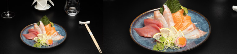Assiete bleue avec une composition de sashimi de poissons dedans